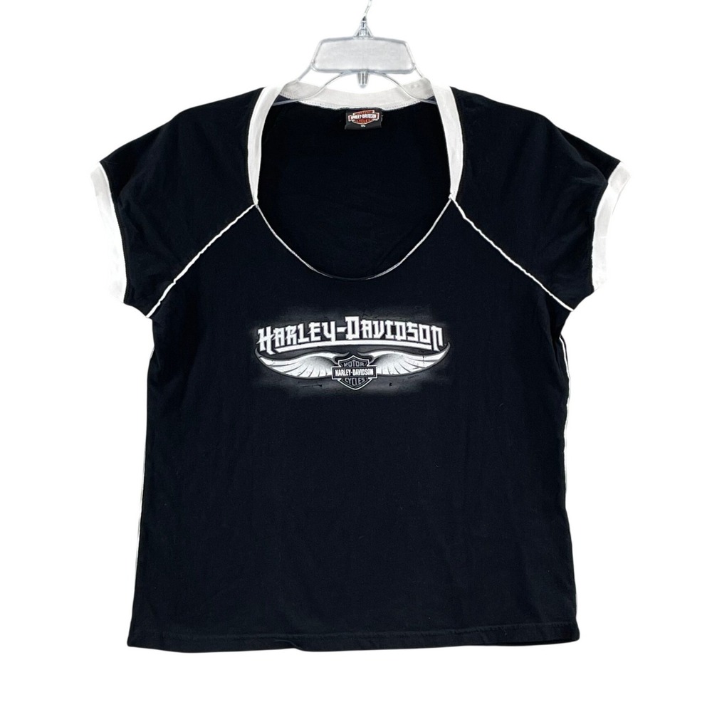 Harley Davidson T-Shirt Womens XL Black Ringer Montana Graphic Scoop Neck Biker
